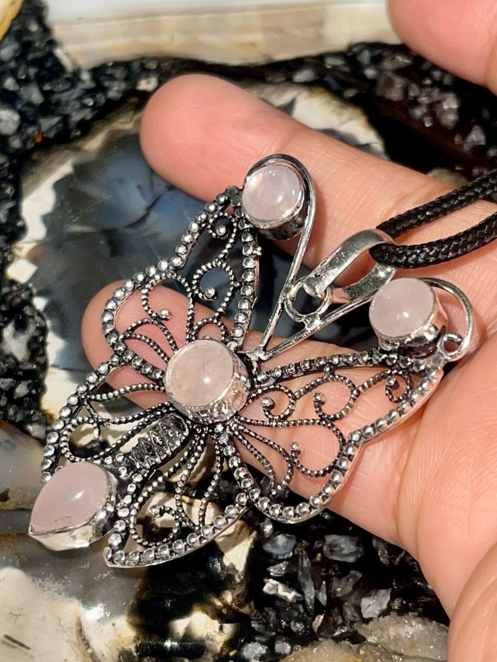 Pink Rose Quartz Butterfly “Stone of Pure Love” Pendant 2 1/4”
